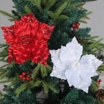 Коледен блестящ изкуствен цвете с дръжка, червено Бяло Златно празнична украса, кабелна Коледа коледа венец, парти от изкуствени цветя