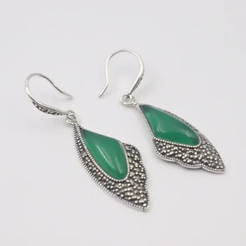 Обеци-крилца от чисто сребро S925 проби, уникален дизайн, зелен chalcedony, циркон, честит подарък за жени