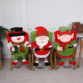 Коледни калъфи за столове Дядо Коледа, червени Коледни калъфи за облегалки на столове в клетката Бъфало, Моющийся протектор за столове в трапезарията