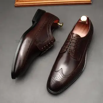 Луксозна марка мъжки официалната обувки от естествена кожа ръчно изработени, черно-кафяви oxfords дантела, мъжки офис обувки Юнеца от естествена кожа
