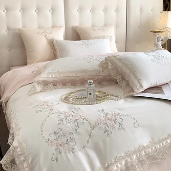 Комплект спално бельо принцеса от 100% памук, Луксозната Японска Луксозно бельо одеяло с бродерия цветя, Комплект пододеяльников, Плосък чаршаф, калъфки за възглавници