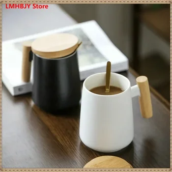 LMHBJY 480 мл, нов дизайн, лесна бяло-черни керамични кафеена чаша с дървена дръжка, чаша за вода за бизнес подарък, чаши в модерен стил