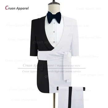 Класически черно-бял костюм за мъже, една вечер вечеря, официални тоалети Slim Fit, банкетна модерен сако с къс ръкав, панталони 2 бр.