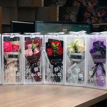 Букет от изкуствени рози с 3 глави опаковка на ръчно изработени Цветя сапун Изкуствени цветя, Подарък за Свети Валентин, Сватбен декор Начало декор