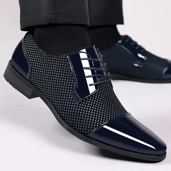 Мъжки класически модел обувки в стил ретро, oxfords, мъжки обувки от лачена кожа, светският обувки дантела, черни кожени сватбени мъжки обувки за партита