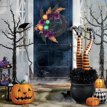 Венец за Окачване на Вратата на Хелоуин, Страховито Венци за Хелоуин, Атрактивен Декор на Входната Врата с Изкуствени Рози за Празника Помещения