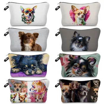 Практични чанти за тоалетни принадлежности, козметика чанти улично размер, прости дамска чанта с цип, преносима косметичка с шарките на анимационни куче с шарките на Чихуахуа