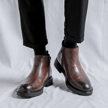 Есенно-зимни Мъжки Черни/кафяви Къси Модни обувки Със страничен цип, Мъжки обувки 