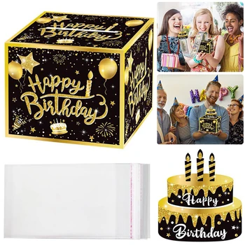 Касичка за пари на рожден ден с карта за торта, рулоном пари, разтегателен скоростна кутия-изненада, подаръци за рожден ден за мъже и жени
