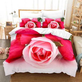 Комплект спално бельо с розови рози, пухени за любителите на рози, пухени за жени, пухени за момичета, Комплект спално бельо за спалня, комплект роял/royal пододеяльника