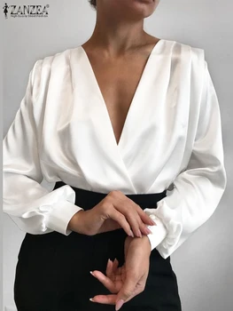 ZANZEA сатен Елегантна дамска блуза, сексуална риза за партита с дълбоко V-образно деколте, Обикновена блузи с дълъг ръкав-фенерче, Модерни офис туники в сгъвката на