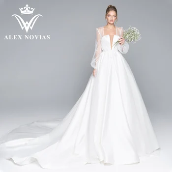 Сатен сватбени рокли ALEX NOVIAS за жени 2023 година с жакетом 2 В 1, сватбената рокля без презрамки и без облегалки, Vestido Novias De Saten