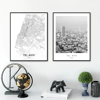 Черно-бял фотоплакат с изглед към Тел Авив, живопис върху платно, карта Тел Авив, щампи, стенни рисунки, интериор на хол