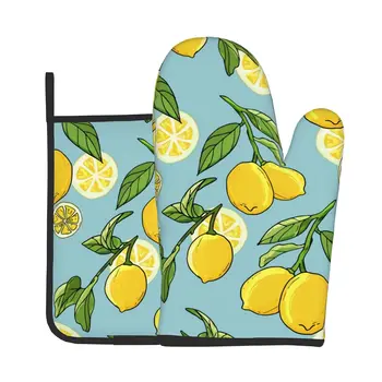 Жълти кухненски ръкавици с плодове и лимон, определени за кухненски ръкавици, синьо огнеупорни мат, нескользящие ръкавици за печене, Кухненски рукавица за приготвяне на скара.
