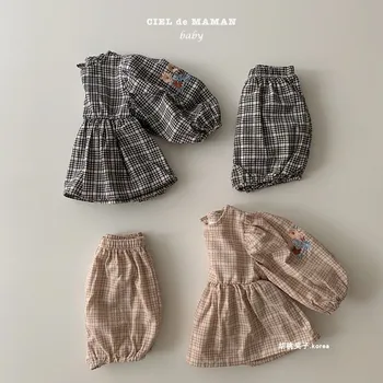 Комплект детски дрехи, нови проверени панталони за момичета в корейски стил, пола в клетката с бродерия, случайни прости модерен комплект от две части в корейски стил