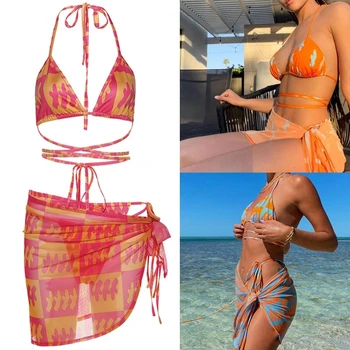 Женски секси комплект от бикини в клетка в контрастен цвят от 3шт, бразилски бански на бретелях с саронгом, плажна пола, бански D5QD