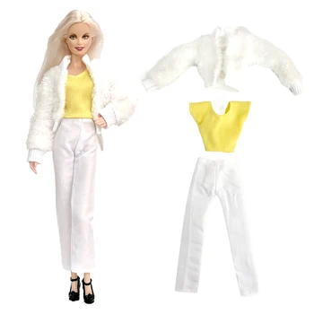 NK 1 комплект Модни дрехи, Бяло палто, Всекидневни жилетка, Дълги бели панталони, небрежно облекло за кукли Барби, Аксесоари