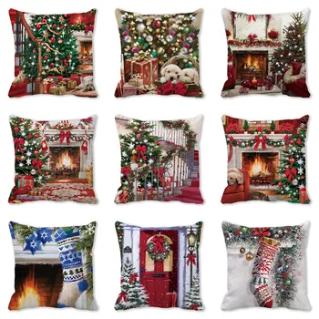 45 * 45 см, калъфка с принтом Дядо Коледа, Лосове, снежен човек, за украса на дивана в хола, квадратна калъфка за възглавница