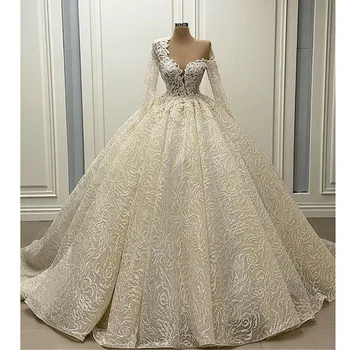 Романтично дантелено бална рокля с дълъг ръкав в едно рамо Сватба рокли 2021 Сексуална Илюзия Тюлевые Сватбени рокли Robe De Mariage
