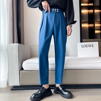 Синьо Черно-Бял Костюм Мъжки Панталони Са Фини Модни Социални Мъжки Модел, Панталони Корейски Преки Свободни Панталони Мъжки Офис Официални Панталони