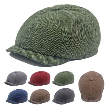 Зимна осмоъгълна шапка в клетката, реколта мъжки шапки за газетчиков, однотонная модерна шапка на коледна елха, изпъстрен шапки за стари хора, плоски шапки