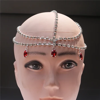 Модни червена верижка с кристали, сватбени Аксесоари за коса, Артистична верига на челото, кристален превръзка на главата за жените, украса за коса