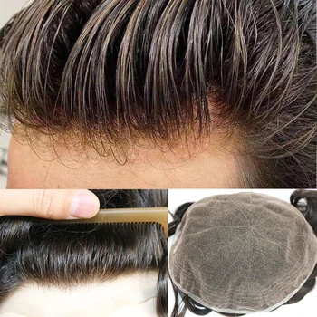 Швейцарски мъжки перука от цели дантела на Европейския оттенък, истинска индийска подмяна на човешка коса за мъже, изкуствена коса с естествен черен цвят