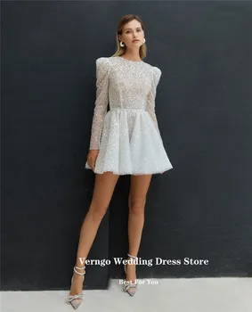 Къси булчински рокли Verngo с пайети, мини-сватбени рокли с дълъг ръкав и кръгло деколте, вечерна рокля, блестяща вечерна дреха 2023 година на издаване