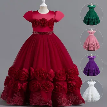 Бебешка рокля принцеса в рибарска мрежа, модерно Дълго пищни рокля с цветен печат за малките момичета, рокли с цветен модел, бална рокля