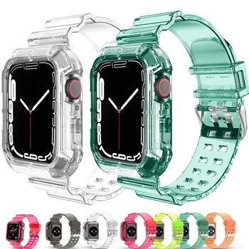 Прозрачен каишка + калъф за Apple Watch серия 8 7 6 SE 5 4 45 мм 44 мм 42 мм 41 мм Прозрачен за iwatch 3 2 38 мм 40 мм и каишка от каучук