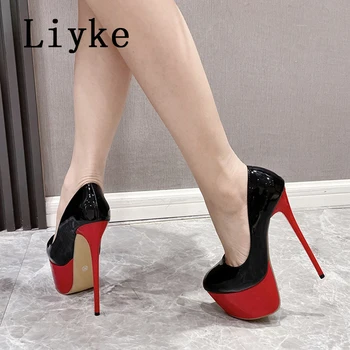 Liyke Класика/ Черно-червени дамски обувки на висок ток, чубрица обувки-лодка на платформата с отворен кръг пръсти, сватба банкет с обувки на висок ток