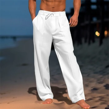Мъжки ежедневни панталони от памук и лен, нови мъжки бели преки Свободни панталони 2023 г., модни плажни черни панталони за фитнес с завязками