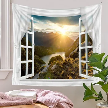 Красив прозорец пейзаж, гоблен за хол, голяма фонова материя, интериор за спални, стенен гоблен, може да се коригира