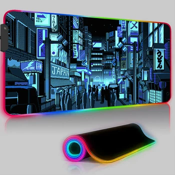 Подложка за мишка Pixel City RGB, Игрови Аксесоари за офис КОМПЮТЪР, Клавиатура, Подложка за мишка, led подсветка на лаптоп, Подложка за работния плот в стил аниме, килим 900x400