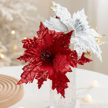 1БР Коледни цветя на Коледа е коледната звезда Блестящи Изкуствени Цветя, Украса на Коледната Елха Декоративни Цветя