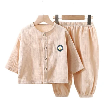 Детски пижамный комплект 2023, Лятна двупластова памучни пижами, домашно облекло, костюм-зреещи с дълъг ръкав