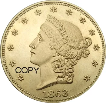 Съединените Щати 1863 1863 години на 20 долара Златен Главата Свобода, Двуглавият Орел без девиза, ДВАДЕСЕТ и медни копия на монети D