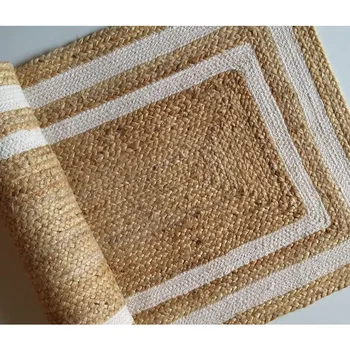Дизайн на Бохемски джутового килим Бежово-Бяла Кант, Правоъгълник подложка ръчно плетки