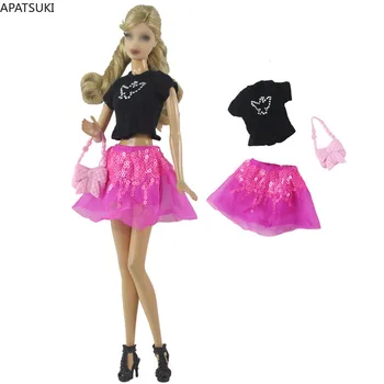 Тениска с черен гълъб, розова пола с пайети за кукли Барби, комплект за модни облекла, дамска чанта, чанта 1/6, Аксесоари за кукли, Играчки