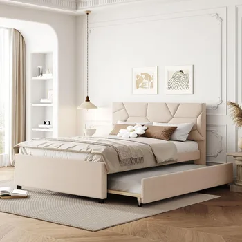 Рамка на легло от ленена тъкан, мека платформа с таблата в тухлена стил и дървена опора, рамка на легло за спалня