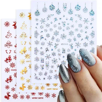 Коледни 3D стикери за нокти, стикери за нокти-арт с модел под формата на снежинки, цветя Флуоресцентни Коледни Зимни Плъзгачи за суспензии за нокти