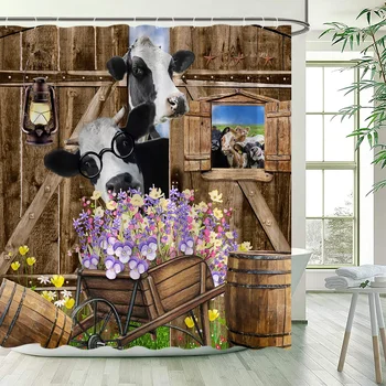 Завеси за душ със забавна ферма крава, Реколта дървена врата в селски стил, лилаво цвете, растение, животно, Полиестерен плат, декорация и баня с куки