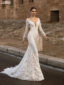 Романтична сватбена рокля с дълбоко V-образно деколте и апликации, завързана дреха на булката-русалки, Елегантни булчински рокли с дължина до пода, Vestidos De Новия