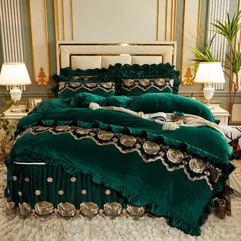 Европейският Ватиран Velvet комплект пододеяльников за пуховых одеяла Двойно легло King Size, Луксозно Стеганое одеяло с дантелен бродерия, Монофонични Цвят, 2 Меки Калъфки за възглавници