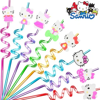 Пластмасови сламки за пиене Sanrio Hello Kitty Цветни Художествени Дълги Гъвкави аксесоари за партита Пластмасови сламки за пиене, Кухненски принадлежности