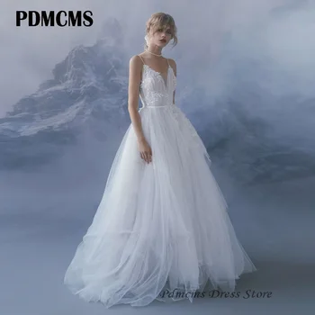 Сватбени рокли PDMCMS Mori на тънки спагети презрамки, апликации, сватбената рокля трапецовидна форма, тюлевое дантела, V-образно деколте, шаферски рокли размер за жени