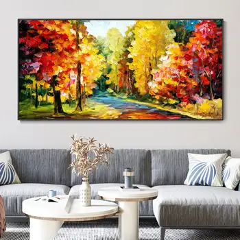 3D Есенния Декор на стени, ръчно Рисувани с маслени бои, Пейзаж, Абстрактна Гора, Мастихин, Цвят и Текстура, Стенно изкуство
