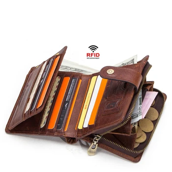 Ретро портфейл от естествена кожа RFID за мъже с джоб за монети, Къси портфейли, малък портфейл с цип с притежателите на карти, мъжки портфейл