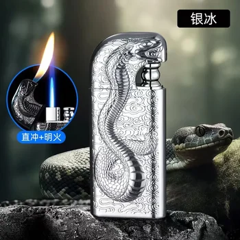 Мъжка запалка с двоен пламък от сплав в ретро стил, творчески триизмерен релефен газова запалка Snake King с двоен пламък