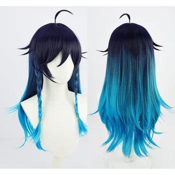 Играта Genshin Impact Cosplay с дължина 65 см, смесени сини термоустойчиви синтетични косми, женски перуки за момичета на Хелоуин